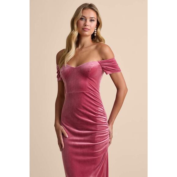 NWT Lulus Glorious Celebration Pink Velvet Off-the-Shoulder Maxi Dress Gala Sz L - Picture 7 of 8